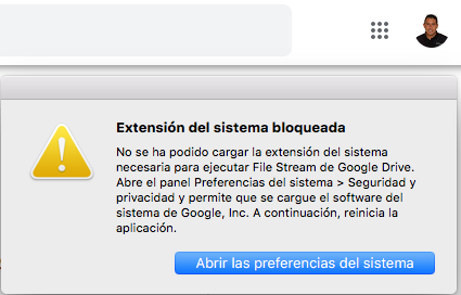 Extensión del sistema bloqueada en MAC Aplicación de Google Drive